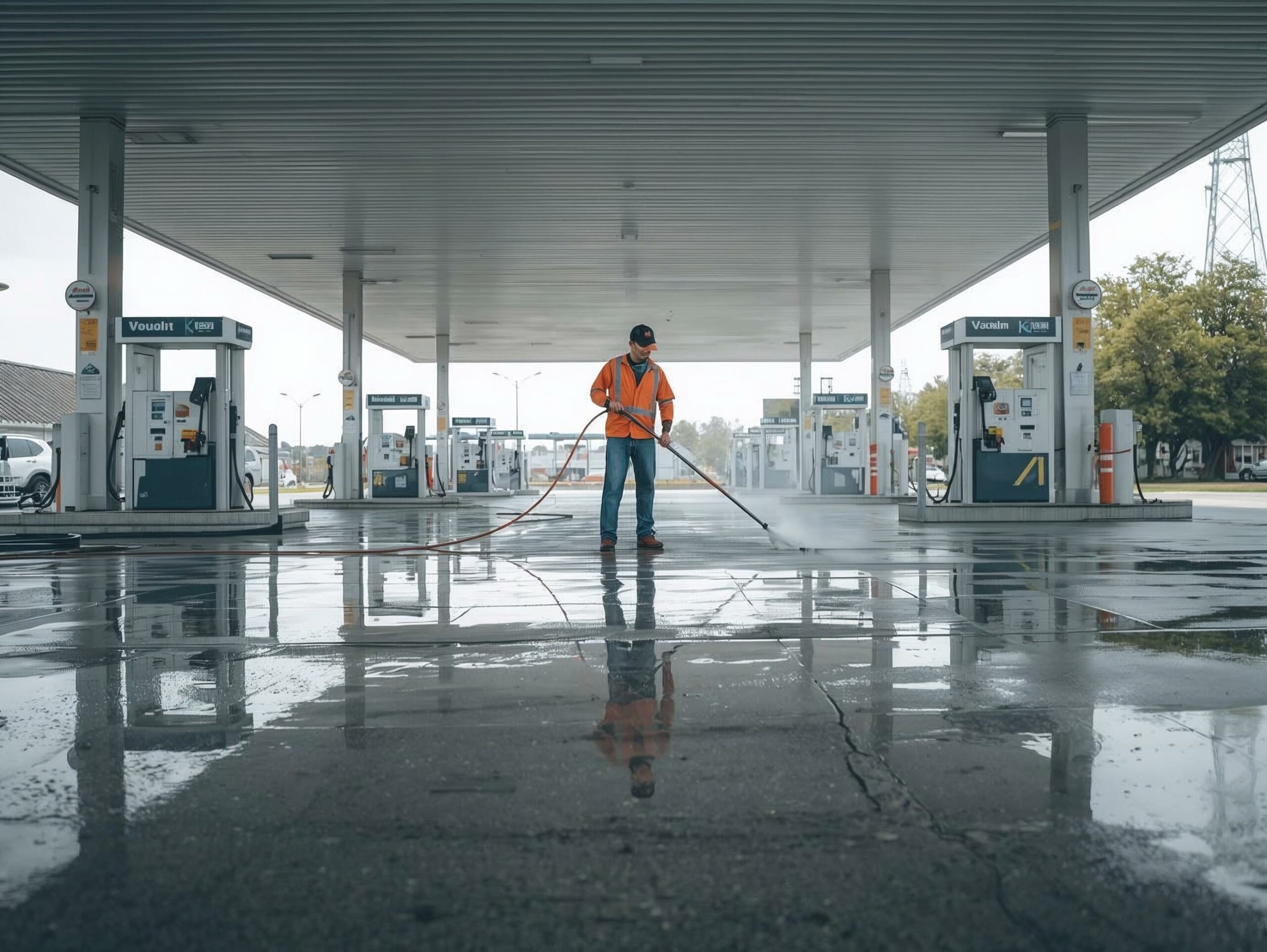 je veux un agent de nettoyage industreil qui nettoie une stations service , on le voit de loin un peu pour pas voir lia, il nettoi le sol au enttoayeur de surface haute pression , limage doit etre realistec ,