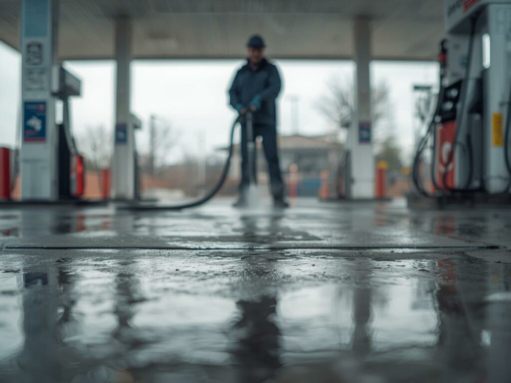 commercial-plumbing je veux un agent de nettoyage industreil qui nettoie une stations service , on le voit de loin un peu pour pas voir lia, il nettoi le sol au jet ahute rpression , limage doit etre realistec ,